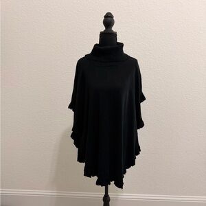 JOSEPH Black Knit Turtleneck Poncho Ruffled Trim Minimalist Chic